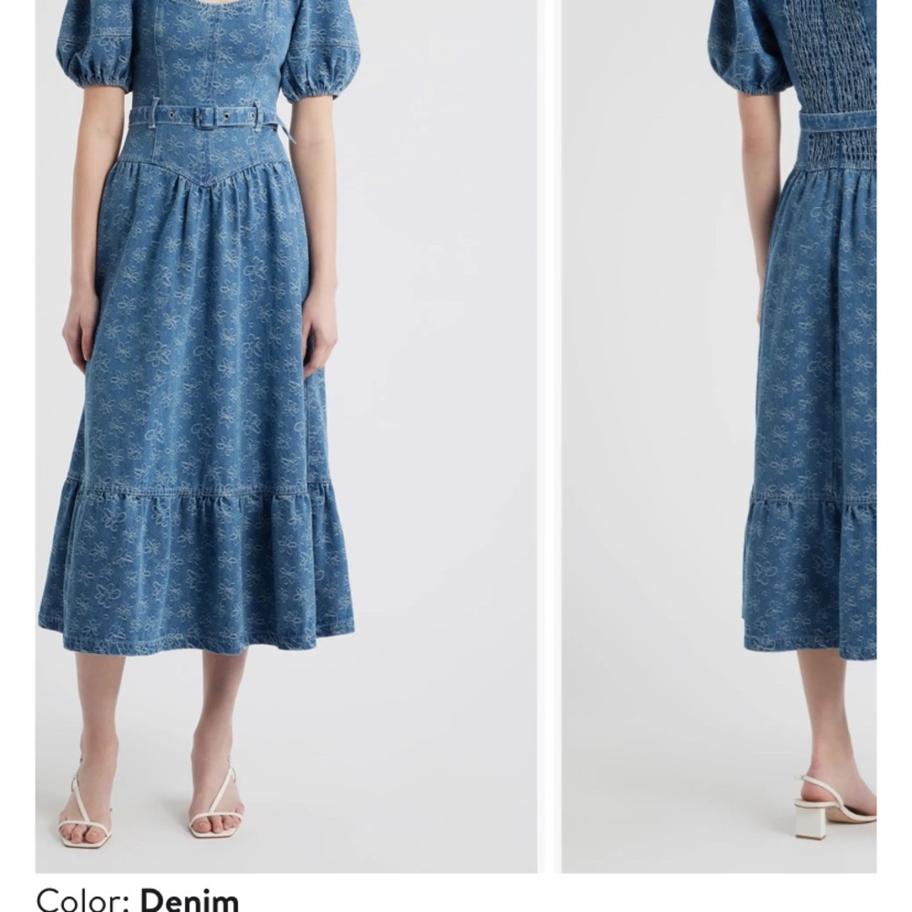Denim Midi Dress with Puff Sleeves and Belt